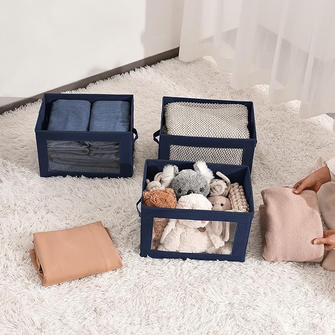 Homsorout Foldable Storage Boxes with Clear Window - Clothes Organizers and Storage, Decorative Bins with Lid, Fabric Storage Cube, Storage Baskets for shelves, Yarn, Home, Navy blue, 3 Pack