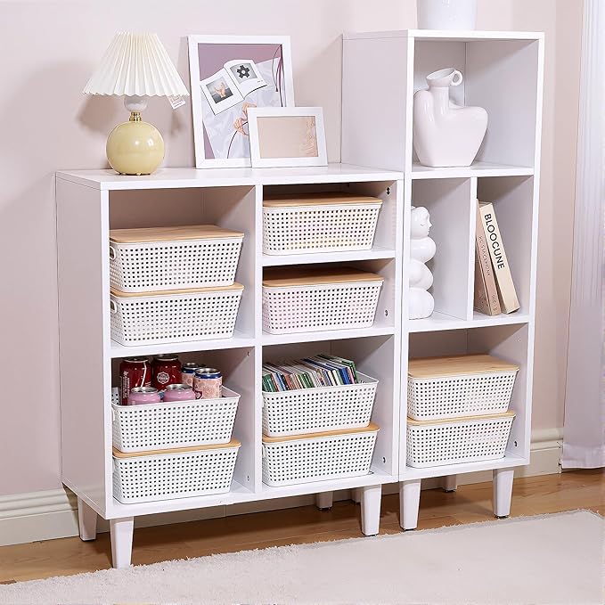Storage Bins with Lids 8 Packs, Plastic Storage Bins with Bamboo Lids for Pantry Organization and Storage Containers for Shelves Drawers Desktop Closet Playroom Classroom Office Home, White