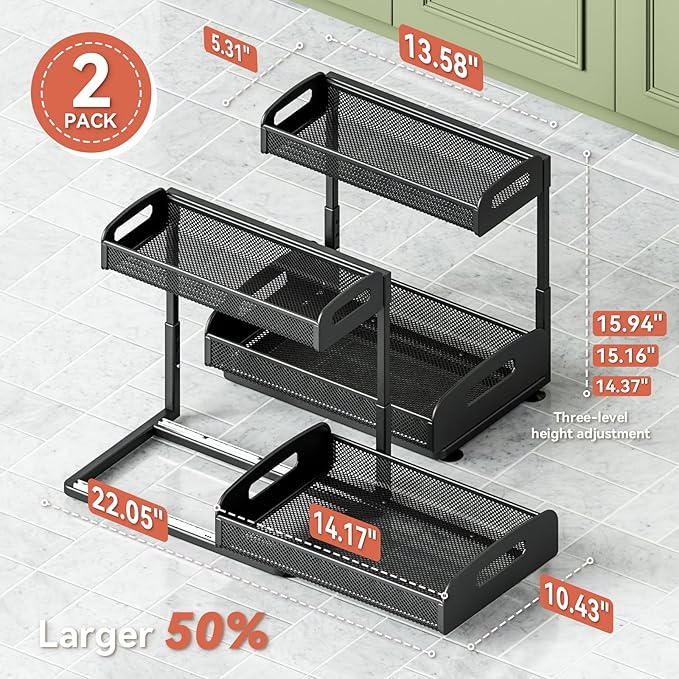 2 Pack Under Sink Organizer, 2 Tier Height Adjustable Kitchen Cabinet Organizer