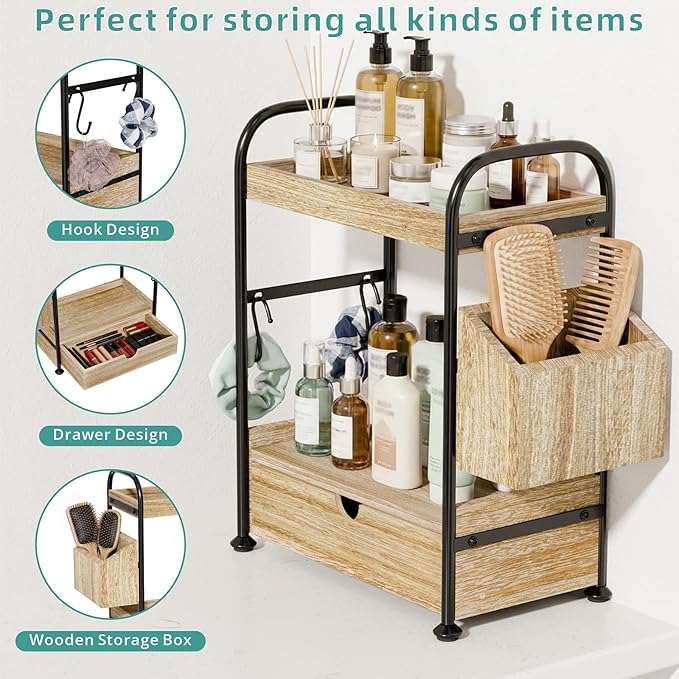 Kottwca 2-Tier Bathroom Counter Organizer with Drawer, Wooden Vanity Skincare Storage Shelf with Thickened Metal Frame, Countertop Shelf with Basket & Hooks for Makeup Organization,Light Brown