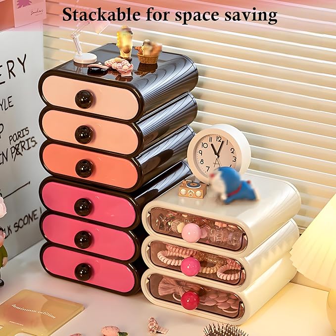 3-Tier Drawer Makeup Organizer for Vanity Small Desk - Non-Stackable Cosmetic Storage Holder for Bathroom Counter & Office Desktop -7.9x7.5x7.3in(Gradient Pink)