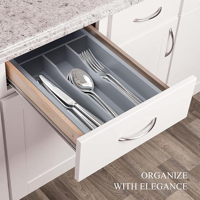 Silverware Organizer, Bamboo Kitchen Drawer Organizer, Grey, 6.7''W x 12''D