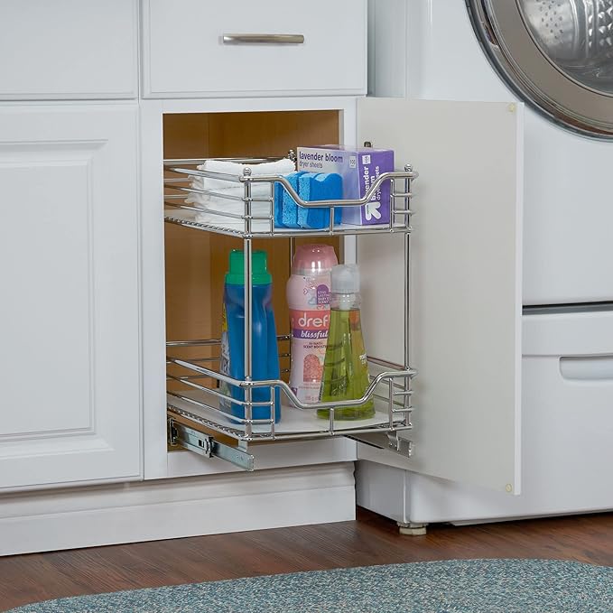 Household Essentials Glidez Multipurpose Chrome-Plated Steel Pull-Out/Slide-Out Storage Organizer with Plastic Liner for Under Cabinet Use - 2-Tier Design - Fits Standard Size Cabinet or Shelf, Chrome