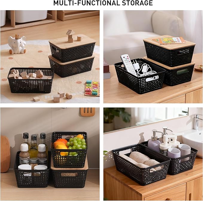 Storage Bins with Lids 8 Packs, Plastic Storage Bins with Bamboo Lids for Pantry Organization and Storage Containers for Shelves Drawers Desktop Closet Playroom Classroom Office Home, Black