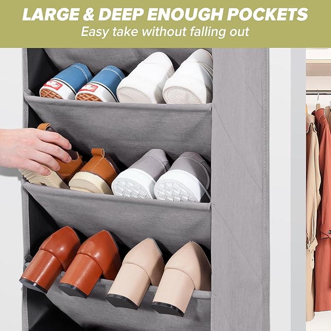 4 Pack Shoe Organizer with 6 Extra Large Pockets and 4 Large Pocket, Over the Door Sturdy Closet Storage Rack, Hanging Shoe Organizer for Shoes, Sneakers, Grey