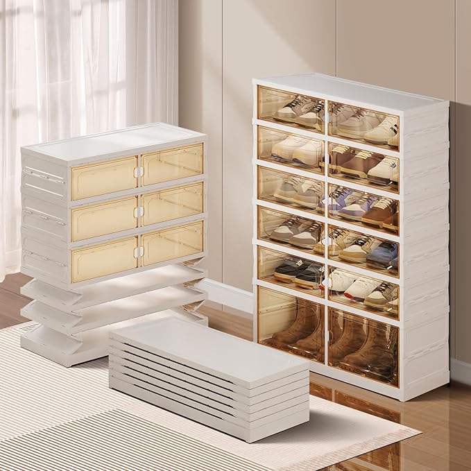 CIMLORD 6-Tier Foldable Shoe Rack Organizer for Closet, 18 Pairs Collapsible Plastic Shoe Shelf, Large Shoes Cabinet with Door, Clear Stackable Storage Box Easy Assembly White