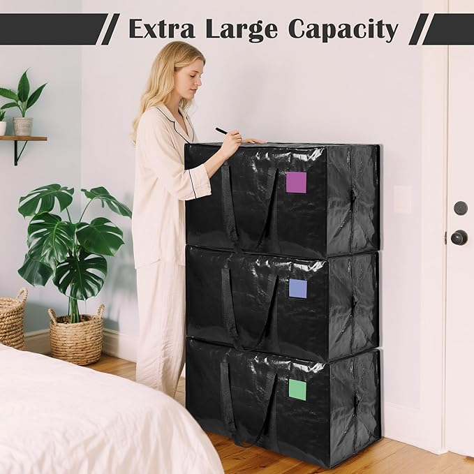 12 Pack Moving Bags with Full-Open Side Zipper, Extra Large 93L Heavy Duty Waterproof Foldable Storage Totes for College Dorm, Moving & Home Organization Black