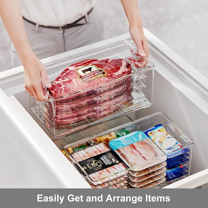 Heyuzb 2 Pack Clear Freezer Organizer Bins Stackable Storage Bins with Side Handles for Kitchen Pantry Cabinet Organzation and Storage