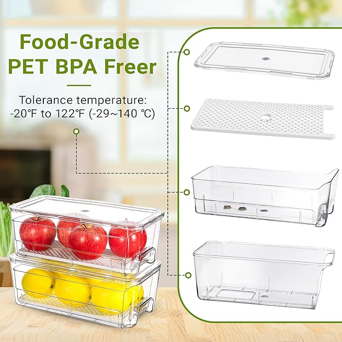 Imncya 5 Pack Fridge Organizer Bins, Clear Stackable Pull Out Refrigerator Drawer Organizer, Fridge Organizers and Storage Container for Fruits, Vegetables, Drinks, Food
