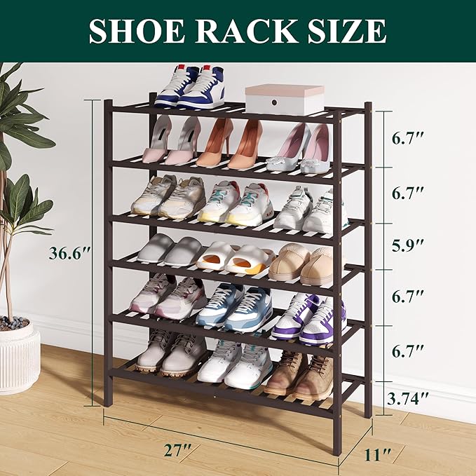Bamboo Shoe Rack for Closet, 6 Tier Wooden Shoe Organizer, Brown