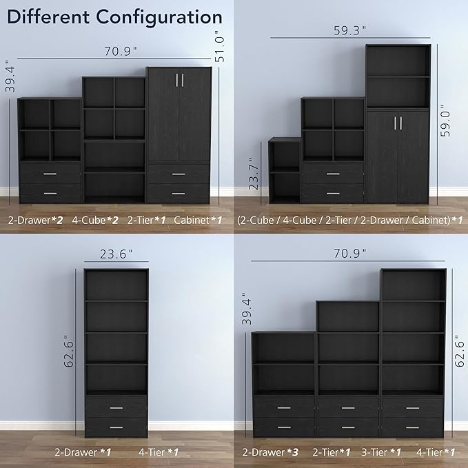 Homes: Inside + Out Apexa 2-Cube Storage Organizer Shelves, Stackable Wood Bookcase Fits Cubby Bins for Organization, Dorm Teen Room Decor & Home Office, Black