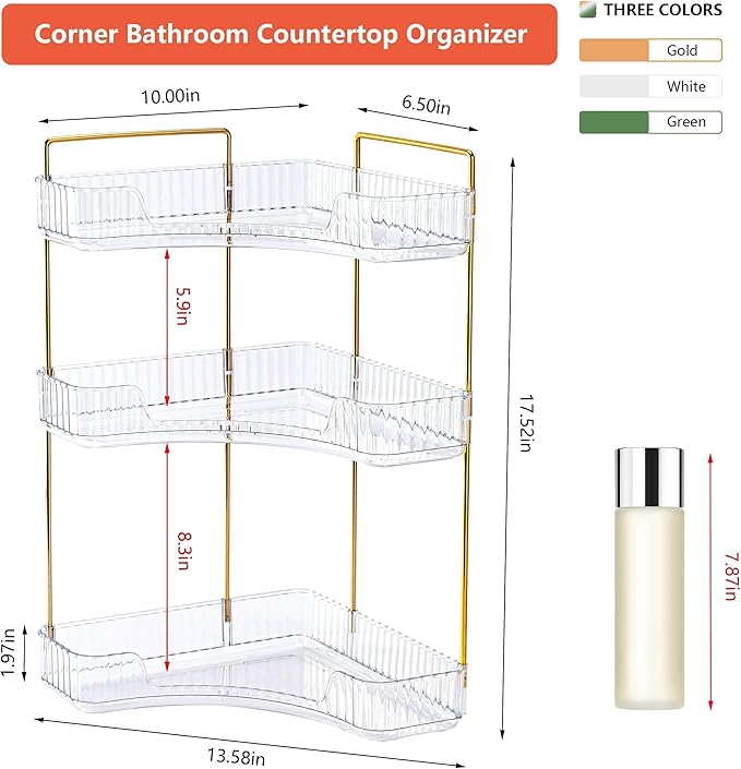 Corner Bathroom Counter Organizer Bathroom Countertop Shelf Makeup Organizer for Vanity Perfume Tray for Corner Storage (3 Tiers, White)