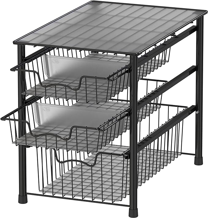 Simple Houseware Stackable 3 Tier Sliding Basket Organizer Drawer, Black