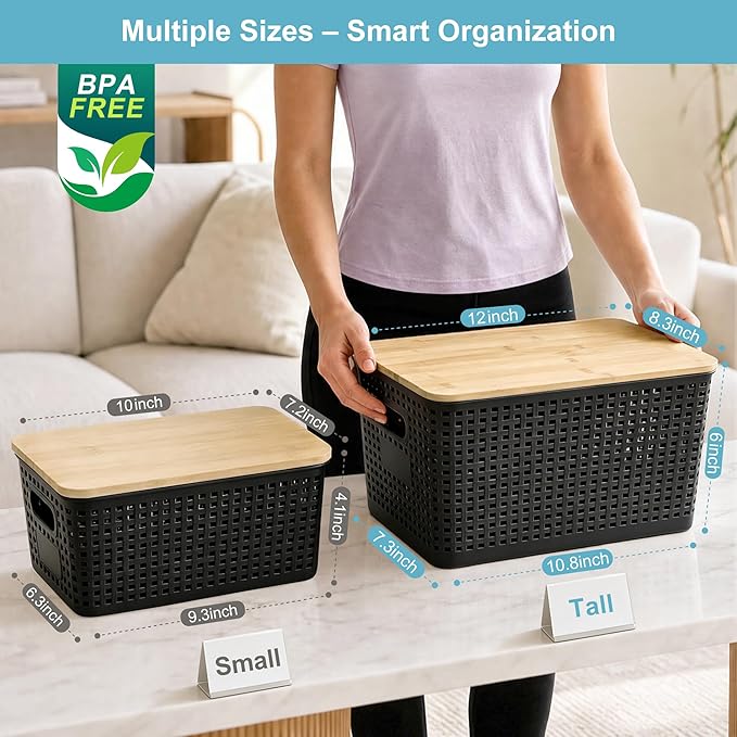 2 Pack Tall Plastic Storage Bins with Bamboo Lids, Black