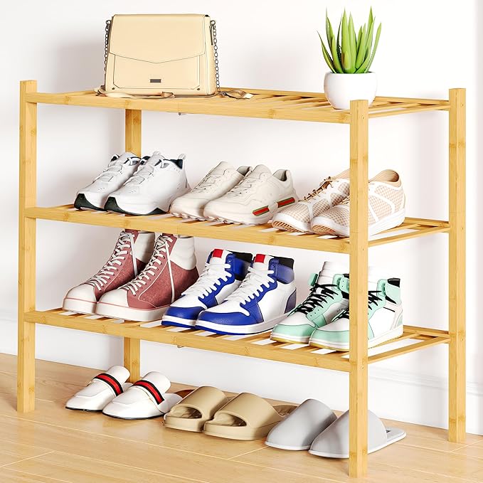 Smiry Bamboo Shoe Rack, 3 Tier Free Standing Wooden Shoe Organizer, Stackable Wood Shoe Storage Shelf for Closet, Entryway, 12 Vertical Slats, 2+1 Stack Standard Legs, 26.8"x11"x19.5", Natural