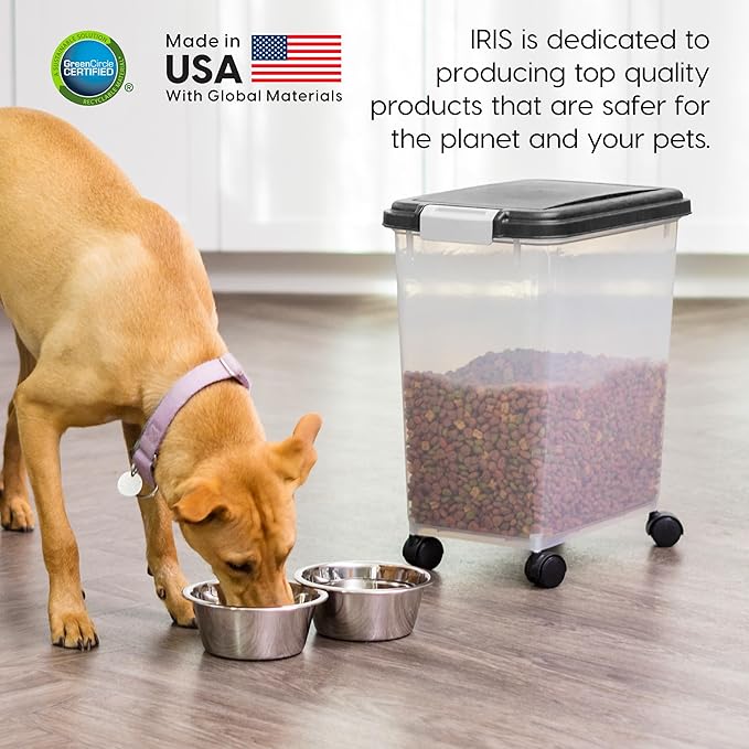 USA Airtight Dog Food Storage Container, Up to 30 lbs, Attachable Wheels, Black