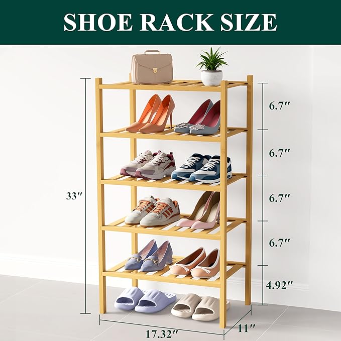 Bamboo Shoe Rack for Closet, 5 Tier Small Wooden Shoe Organizer, Natural
