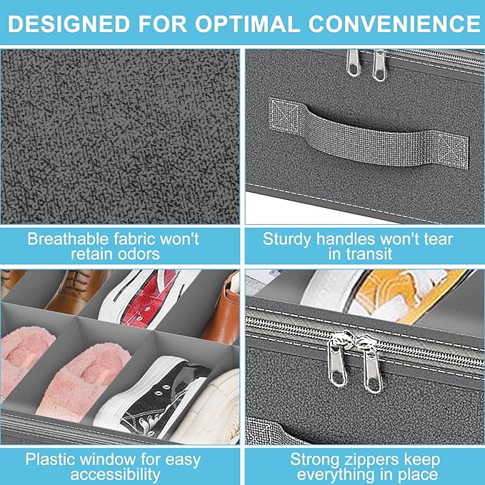 Under Bed Shoe Storage Organizer for Closet, 32 Pairs Sturdy Underbed Shoe Storage Boxes Bins Container Foldable Shoes Storage with Handles & Clear Window for College Dorms Light Grey, Set of 2