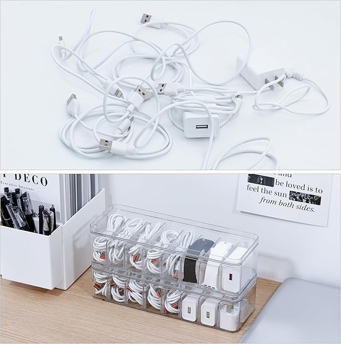 2 Pack Cable Organizer Box with Lid, Plastic Cord Storage Organizer with 8 Adjustable Compartments for Home Office Desk Drawer, Clear Phone Charger Bins