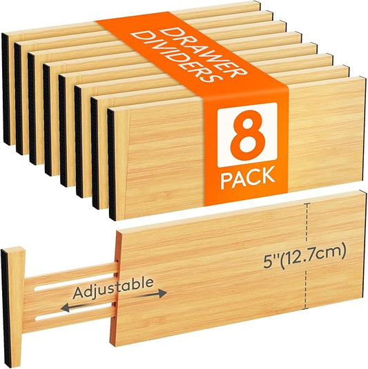 5" High 8 Pack Bamboo Drawer Dividers 33-42cm/13-16.5" Adjustable Wooden Drawer