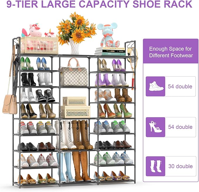 Kottwca Shoe Rack Organizer, Large Shoe Rack for Entryway Closet, Metal Shoe Shelf for Shoes and Boots, Big Non-Woven Fabric Shoe Storage Organizer with Hooks for Cloakroom, Black…
