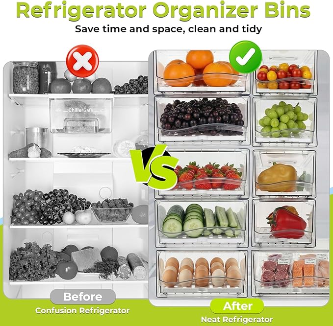4Pack Fridge Organizer, Stackable Refrigerator Organizer Bins, Reusable Food Storage Containers, BPA-Free with Drain Tray for Bathroom, Kitchen, Refrigerator, Pantry (4 Drawers, Large, Medium)