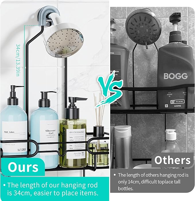HapiRm Hanging Shower Caddy Organizer - Bathroom Organizer with 12 Hooks and Soap Holder, Rustproof Shower Shelf over Shower Head - Black