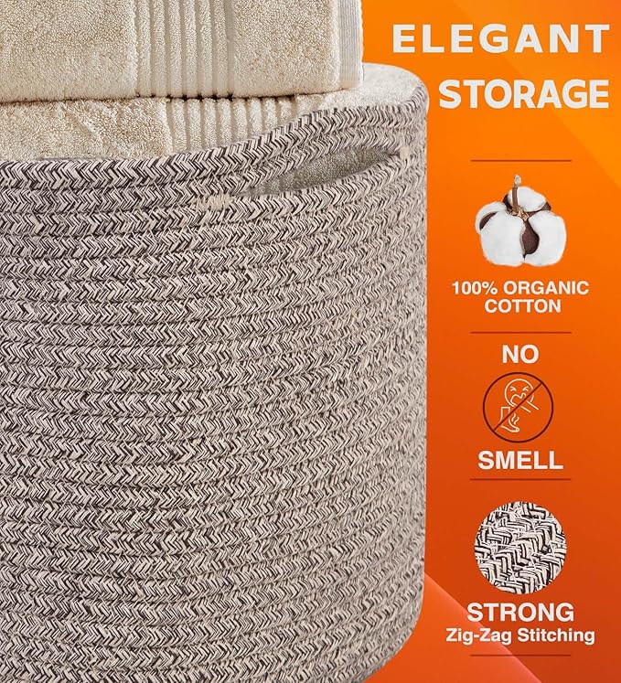 CHAT BLANC Cotton Rope Baskets for Organizing, Shelves, Toys, Storage, Shoe, Bathroom, Laundry, Towel, Nursery, Home Decor, Blanket, Cloth Woven Bins Fabric (Brown, 15"x10"x9")
