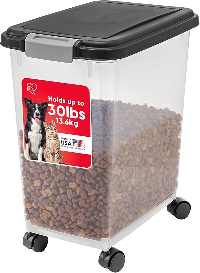 USA Airtight Dog Food Storage Container, Up to 30 lbs, Attachable Wheels, Black