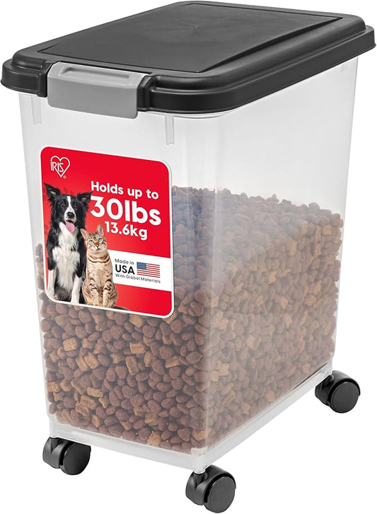 USA Airtight Dog Food Storage Container, Up to 30 lbs, Attachable Wheels, Black