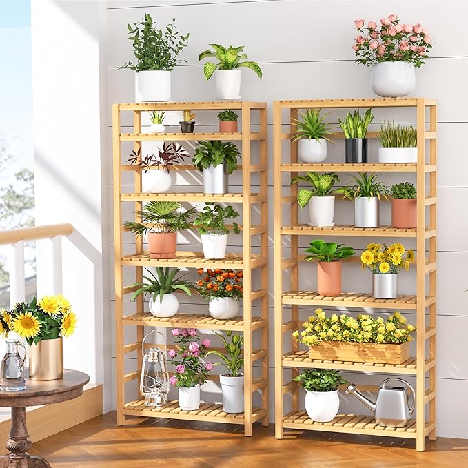 6-Tier Bamboo Shelf, Bamboo Storage Shelving Unit, Living