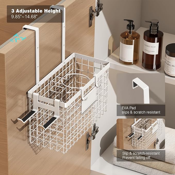 Voldra Hair Dryer Holder Cabinet Door, Adhesive Hair Tool Organizer Wall Mount Adjustable Height Blow Dryer Holder Under Sink/Countertop for Flat Curling Iron, Hair Brush and Straightener (1, White)