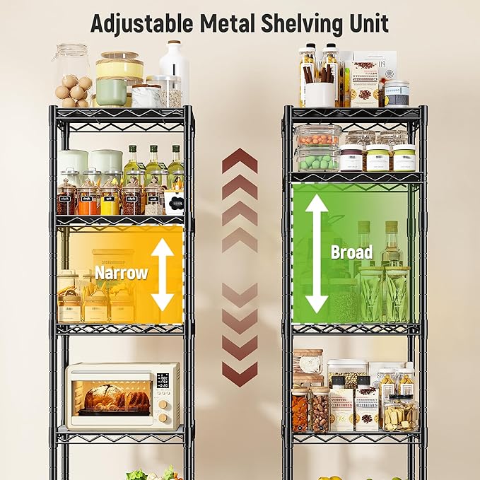 DurayLoly 5-Tier Narrow Shelf for Small Spaces, 15.8" W Metal Shelving Unit, Adjustable Wire Rack, Freestanding Storage for Bathroom, Laundry, Kitchen Pantry, Black