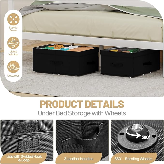 Large Under Bed Storage with Wheels, 10" Height Rolling Underbed Storage Containers Bins with Lid, Deep No-Assembly Under Dorm Bed Storage Drawers for Shoes, Clothes, Blankets (2 Pack, Black)