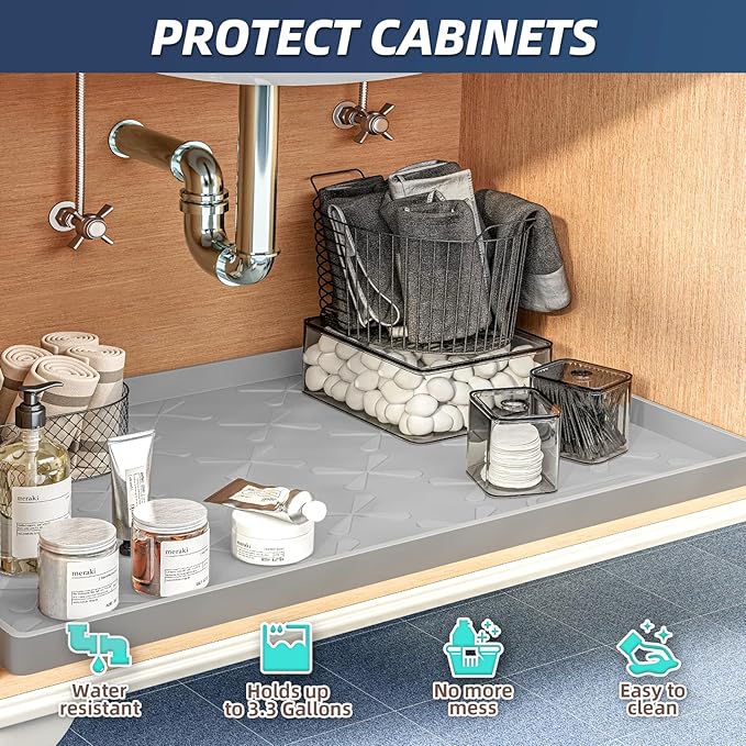 SIKADEER Waterproof Under Sink Mat 22x19, Raised Edge Silicone Mat Under Sink Shelf Liner, Sink Protector Kitchen Cabinet Tray for Bathroom Vanity and Small Cabinets, Cat Food Mat
