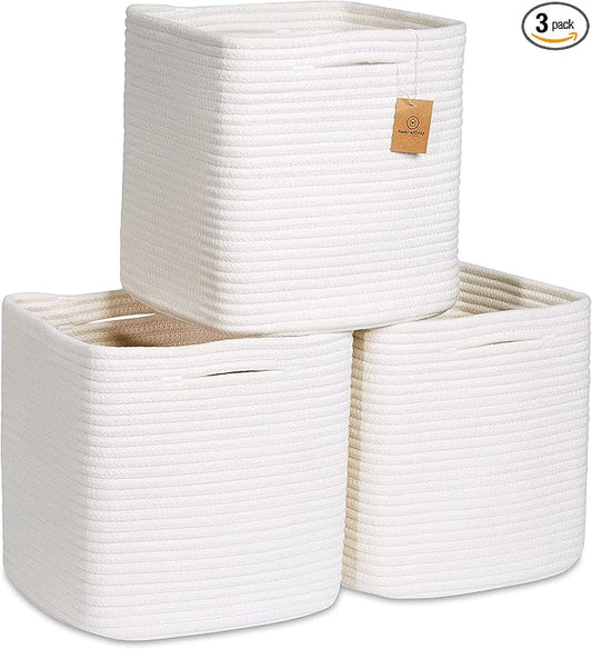 NaturalCozy Storage Cubes 11 Inch Cotton Rope Woven Baskets for Organizing, 3-Pack | Cube Storage Bin | Square Storage Baskets for Shelves Organizer, Classroom, Kids Toy Bins, Closet, Baby Nursery