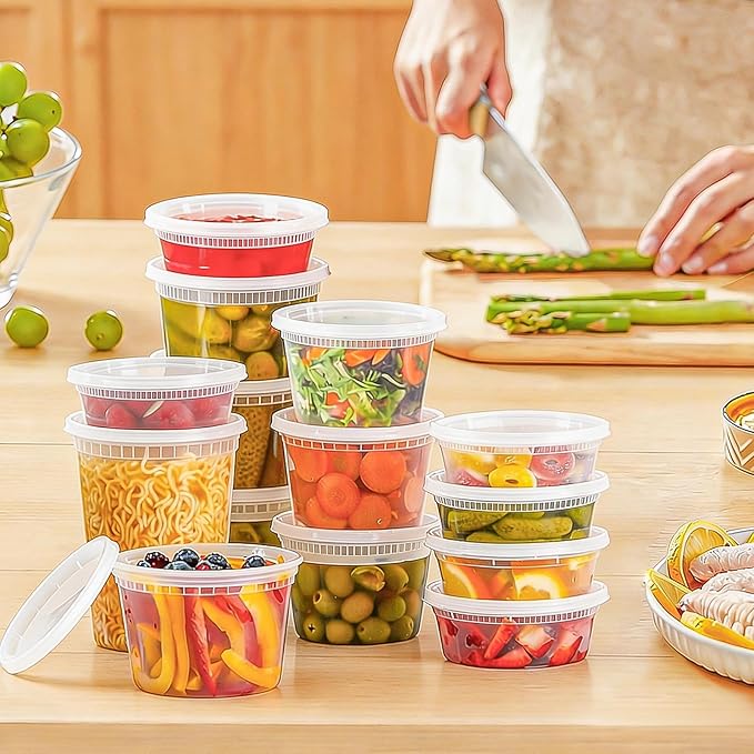 BYSNOW 60 Sets Deli Containers with Lids, 32/16/8 oz X 20 Set Each, Leak-Proof & BPA Free Airtight Stackable Takeout Plastic Food Storage Containers, Freezer/Microwave/Dishwasher Safe