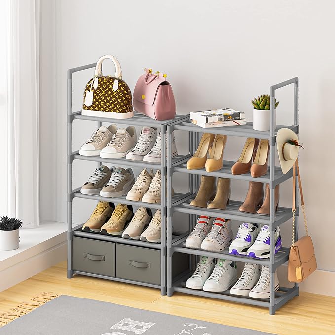 OYREL Shoe Rack, Sturdy Metal Shoes Rack Organizer,Narrow Shoe Rack,Shoe Racks for Closets,Shoes Rack,Shoe Stand,Shoe Shelf (10 Tier with 2 Boxes and 1 Hook)