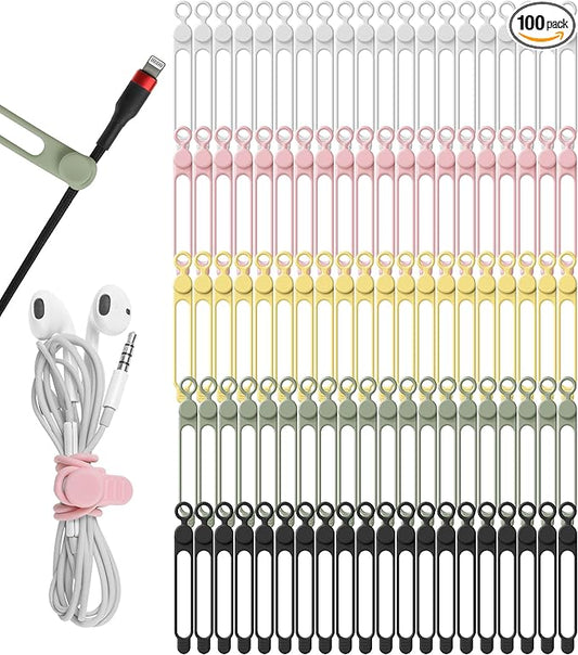 100Pcs Silicone Cable Ties Cord Organizer for Bundling Earphone, Phone Charger