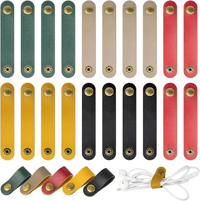 20 Pcs Leather Cord Organizer - Multiple Colors Leather Cable Straps Cord Organizer for Charging Cords, Reusable Cable Clips Leather, Multipurpose Leathers Wire Cable Ties(5 Colors)