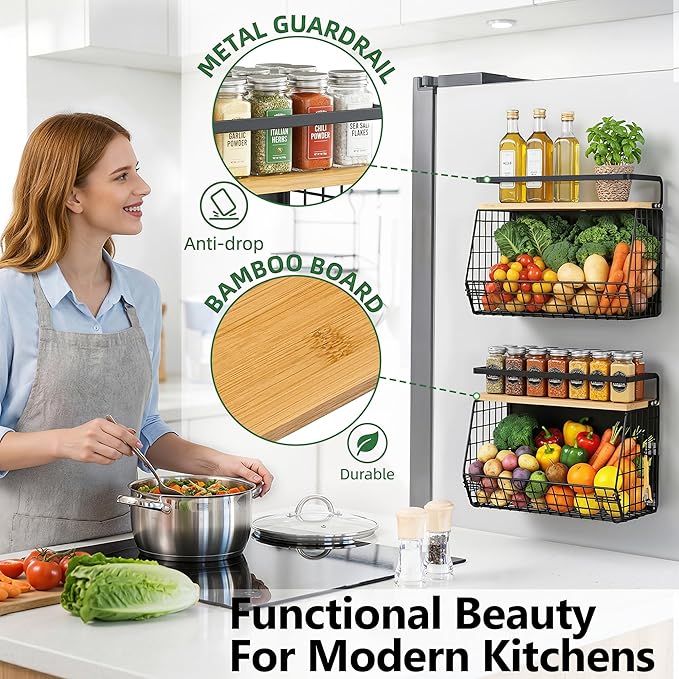 2 Pack Magnetic Spice Storage Rack Organizer for Refrigerator, Magnetic Shelf for Fridge with Wood Lid, Organizer for Kitchen & Laundry, Potato and Onion Storage Bins, Large Container, Strong Magnets