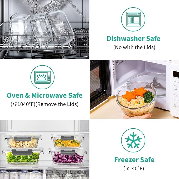 AMALEKO 34pc Glass Food Storage Containers with Lids Set, Airtight Glass Meal Prep Containers, Leak Proof Lunch Container BPA-Free, Microwave, Oven, Freezer, Dishwasher Safe-Gray