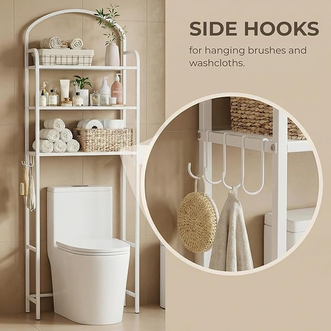 Over The Toilet Storage Rack - 3 Tier Bathroom Organizer with 4 Hooks & Paper Holder - Space Saving Metal Shelf for Bathroom - White Toilet Storage