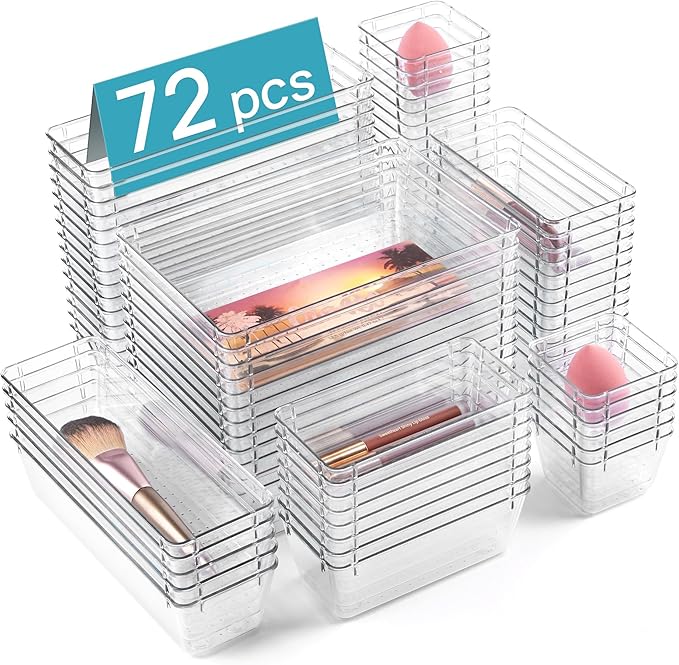 72 PCS Clear Plastic Drawer Organizers Set