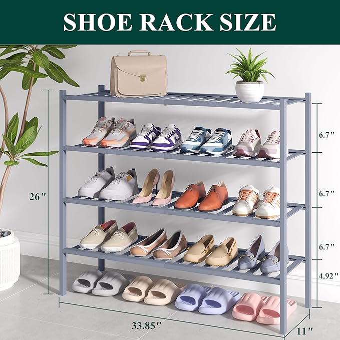 Smiry Bamboo Shoe Rack for Closet, 4 Tier Long Wooden Shoe Organizer, Stackable Wood Shoe Storage Shelf for Entryway, 14 Vertical Slats, 2+2 Stack Heavy-Duty Legs, 33.86"x11.02"x25.98", Grey