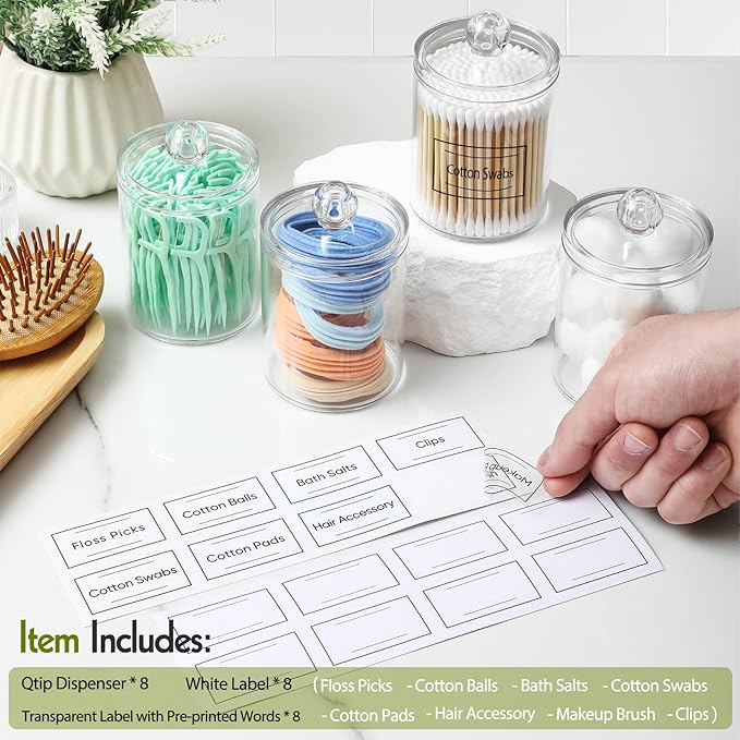 8 Pack Acrylic Qtip Holder Dispenser with Lids & Labels, Cotton Swab, Ball
