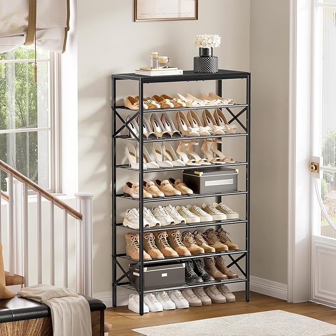 8-Tier Tall Shoe Rack Organizer Shoe Storage for Entryway 24-32 Pairs Metal Shoe Rack for Closet Heavy-Duty Shoe Rack with Wooden Top Shelf for Garage Black