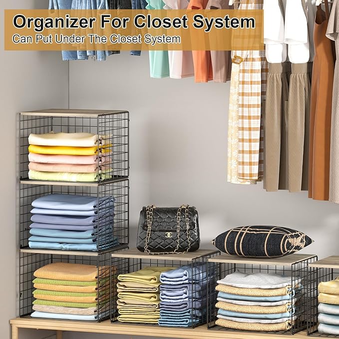 Widened & Heightened Closet Organizers And Storage Shelves With Top Board, Set of 3 Stackable Closet Shelf Organizer Storage Bin Basket For Clothes Sweaters,Space-saving, Sturdy,Wider Higher Size