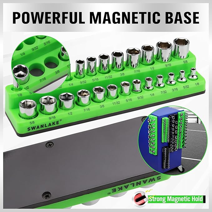 Magnetic Socket Organizer Set, 6-piece 1/4", 3/8", 1/2" SAE & Metric Sockets Holder, Drive Socket Trays, Storage Tool Box, Holding 143 Slots, Soft Rubber Covering Black Green Tools
