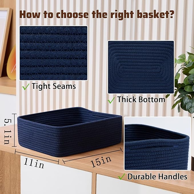 MiniArk Large Shallow Organizing Baskets 15x11x5.1 Inches - Rope Woven Storage Bins for Bathroom, Shelves, Cube Closet, Navy Blue 3 Packs